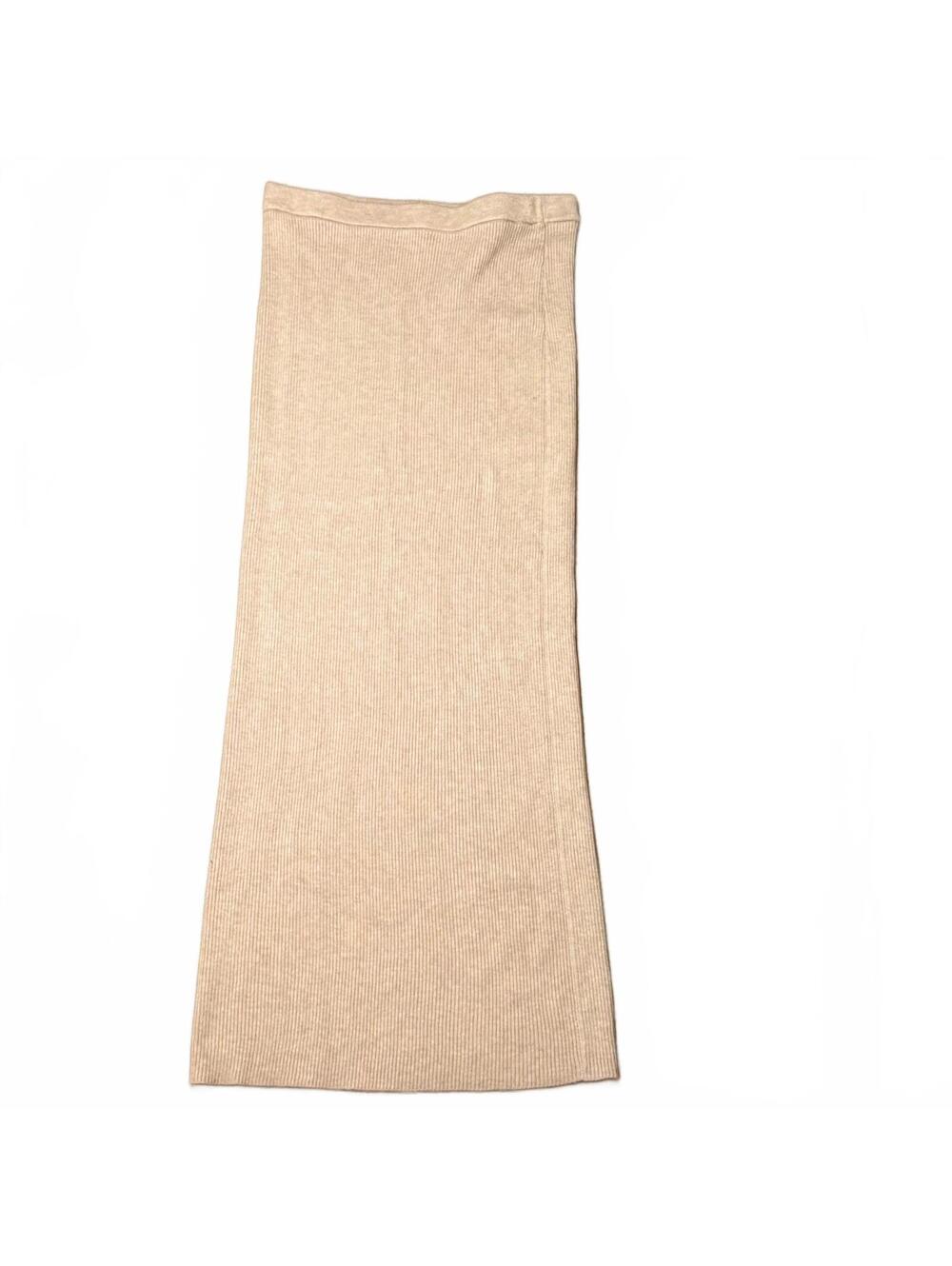 Olive + Oak Ribbed Knit Maxi Skirt M Beige Oatmeal High Waist Back Slit Stretch